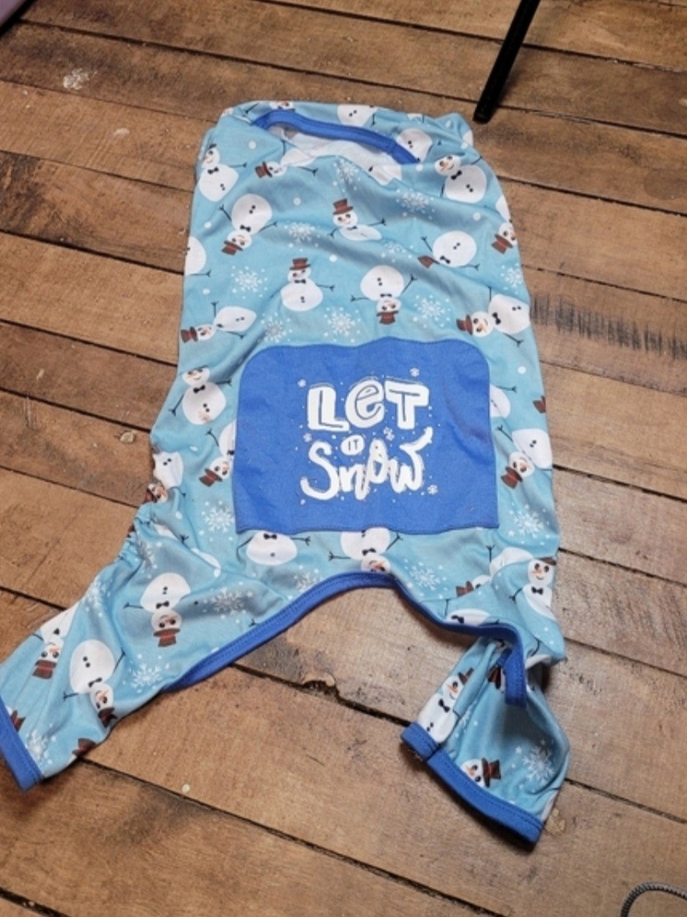 Blue 'Let It Snow' Snowman Dog Pajama Onesie Med